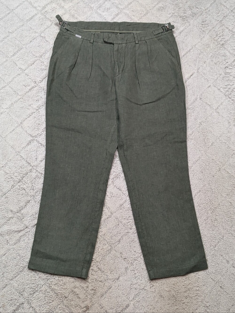 04651 A Trip In The Bag Pants Mens L Green Linen Side Buckle Pleated Trousers